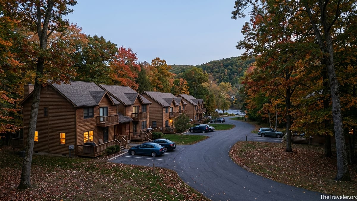 Townhouse-style villas in a wooded Pocono Mountains resort at autumn dusk.
