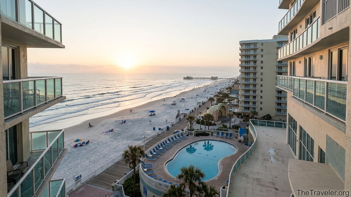 Oceanfront resorts on Daytona Beach at sunrise with pools, sand, and Boardwalk.