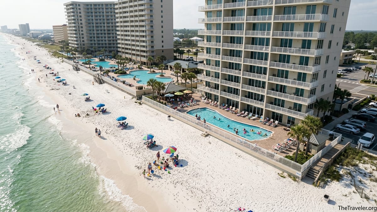 Aerial view of Panama City Beach high-rise resorts with families on the sand and pools overlooking the Gulf.