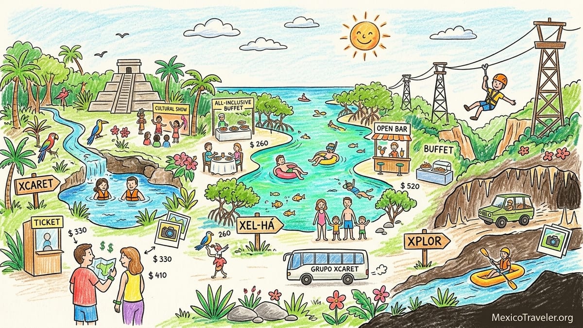 Aerial view of Xcaret, Xel-Há and Xplor parks along the Riviera Maya coast.