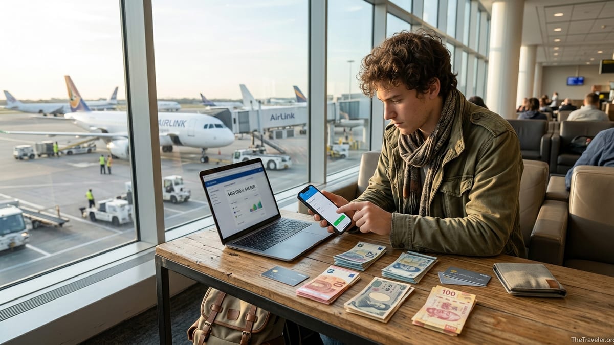 Traveler in an airport lounge using a phone to manage international money transfers with foreign cash on the table.