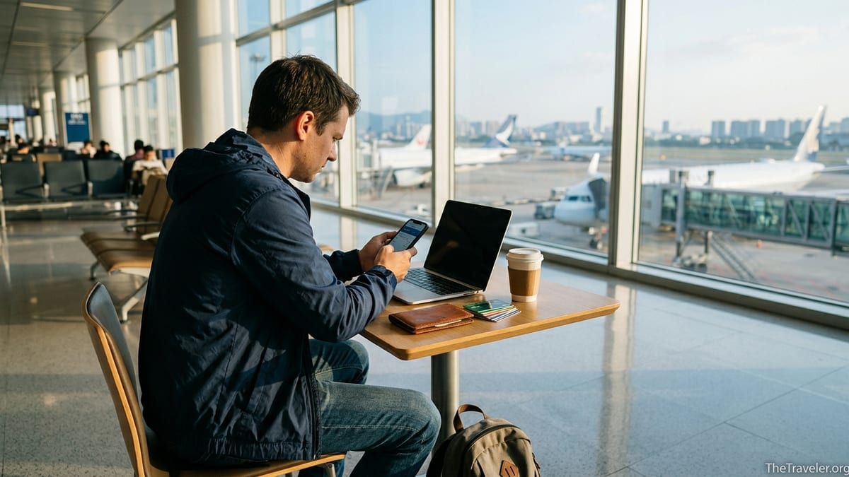 Traveler in an airport lounge managing international money transfer on a phone.