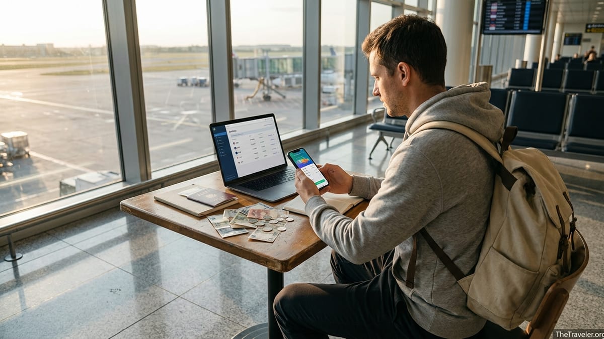 Traveler at an airport using a phone and laptop to manage international money transfers.