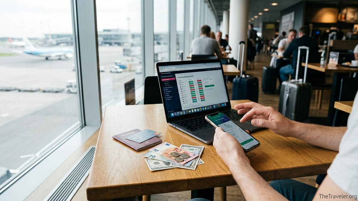 Traveler at airport cafe comparing money transfer apps on laptop and phone.