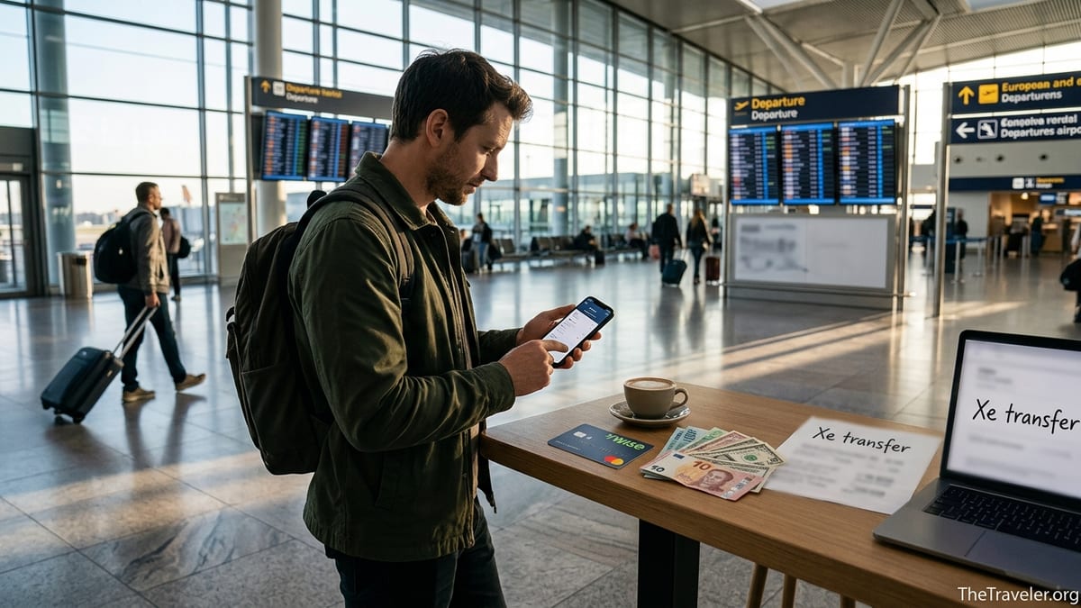 Traveler at an airport table comparing Wise card and Xe transfer on their phone.
