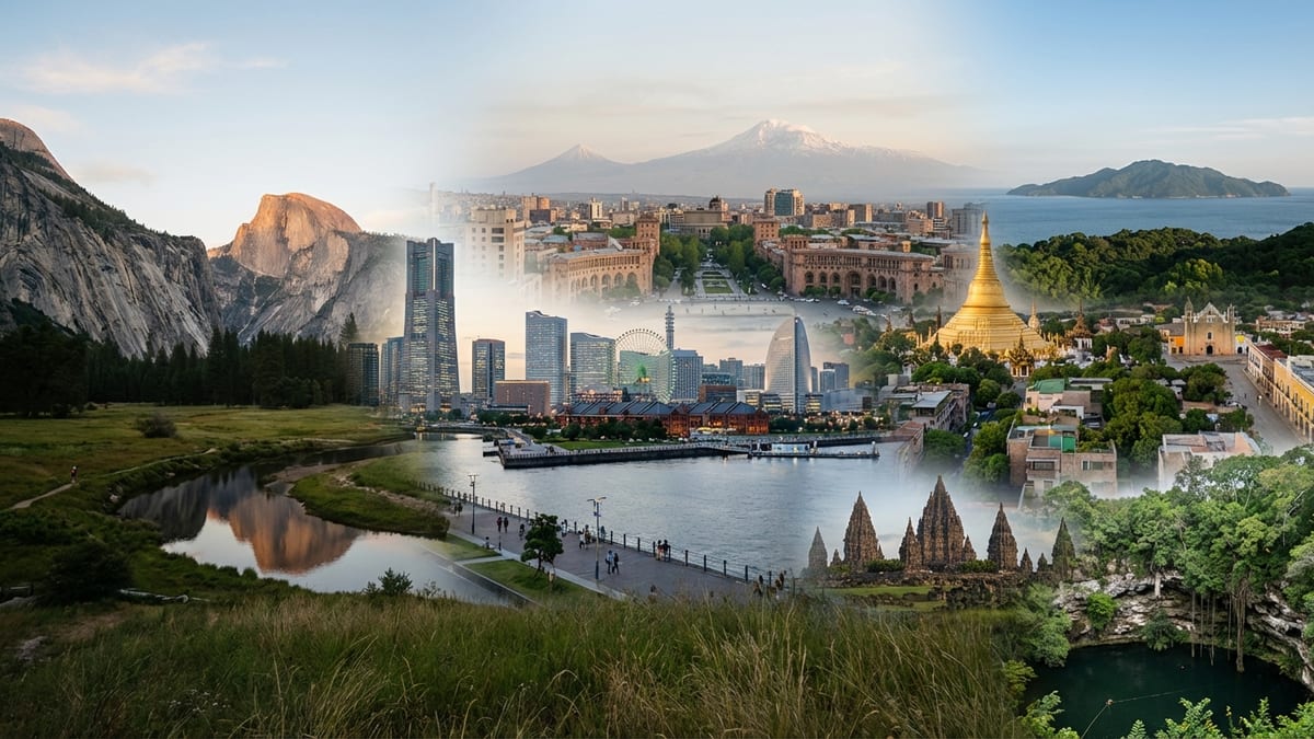 Panoramic collage of diverse destinations beginning with 'Y', transitioning seamlessly under soft evening light.