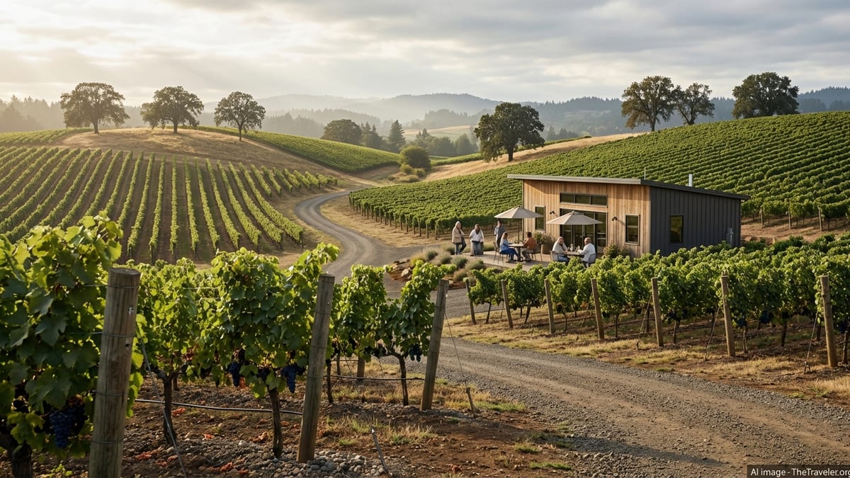 Rolling vineyard hills and a small tasting room at sunset in Yamhill-Carlton, Oregon.