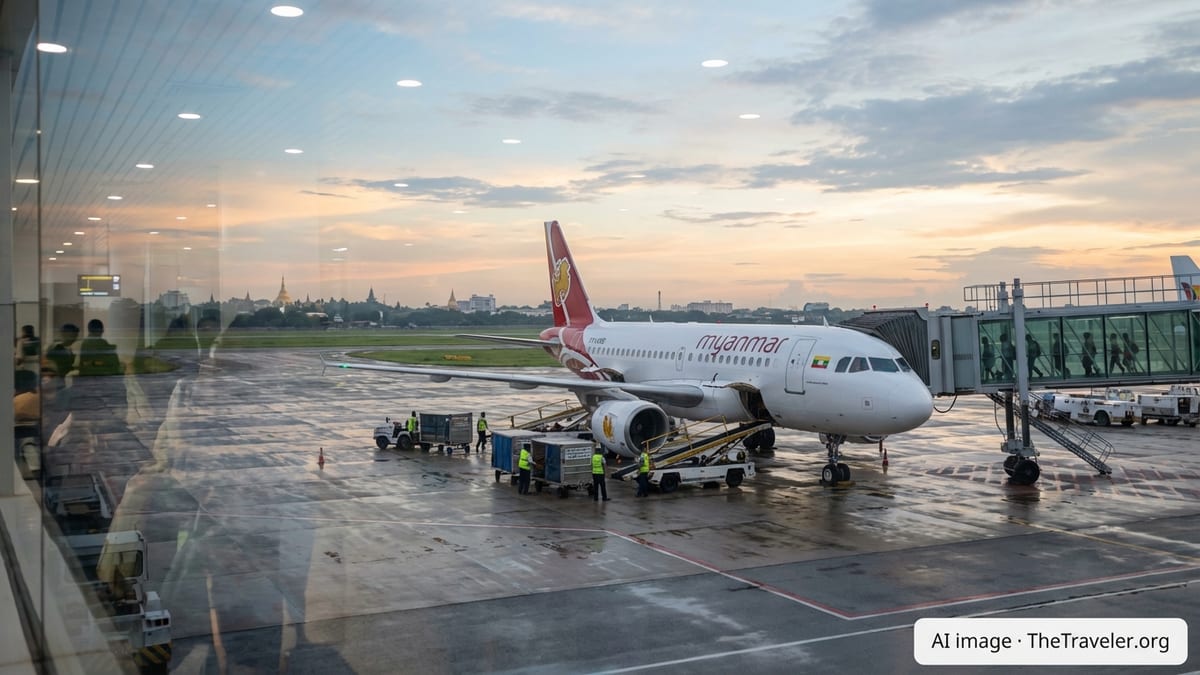 Myanmar Airways Airbus A319 at Yangon airport gate during sunset as passengers board.