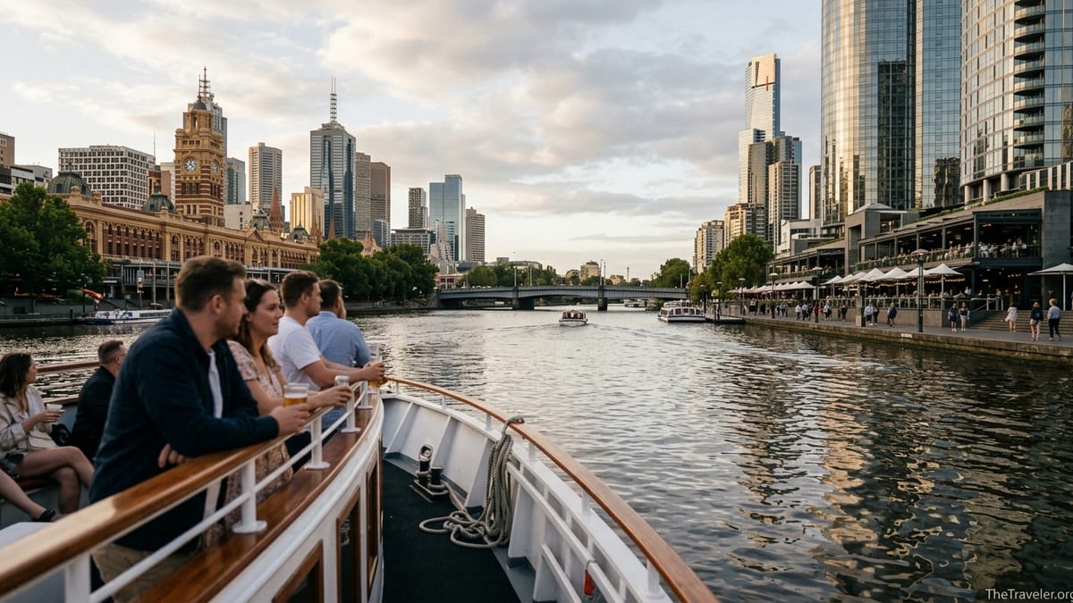 Passengers on a Yarra River cruise boat passing Melbourne’s Southbank skyline at golden hour.