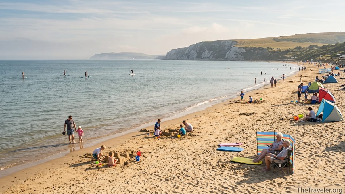 Families playing on Yaverland Beach with Culver Down cliffs in the distance on a calm summer afternoon.