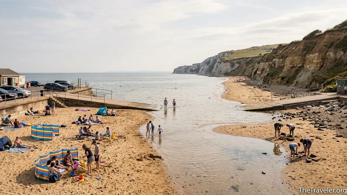 Families and fossil hunters on sandy Yaverland Beach with cliffs and calm sea.