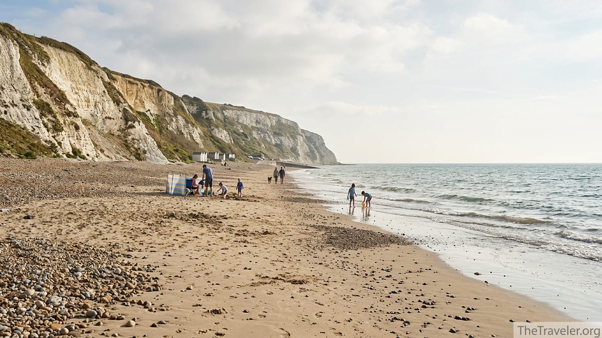 Wide sandy shingle beach at Yaverland with Culver Cliff and calm sea on a bright afternoon.