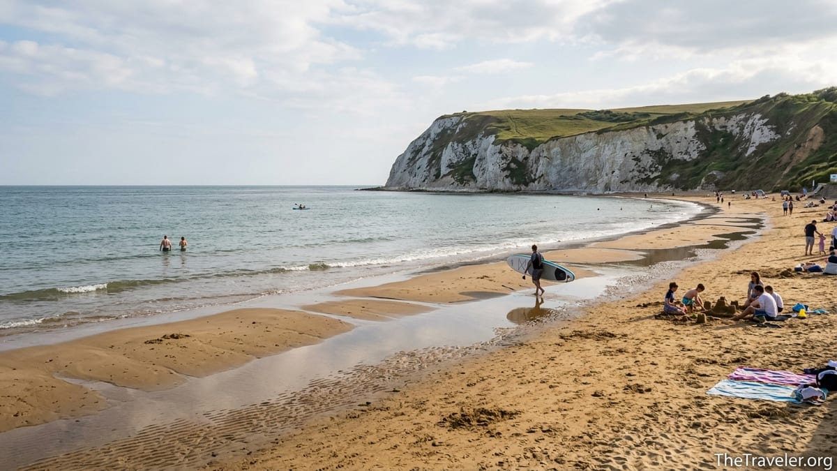 Wide view of Yaverland Beach with shallow tide, families on the sand and Culver Cliff in the distance.