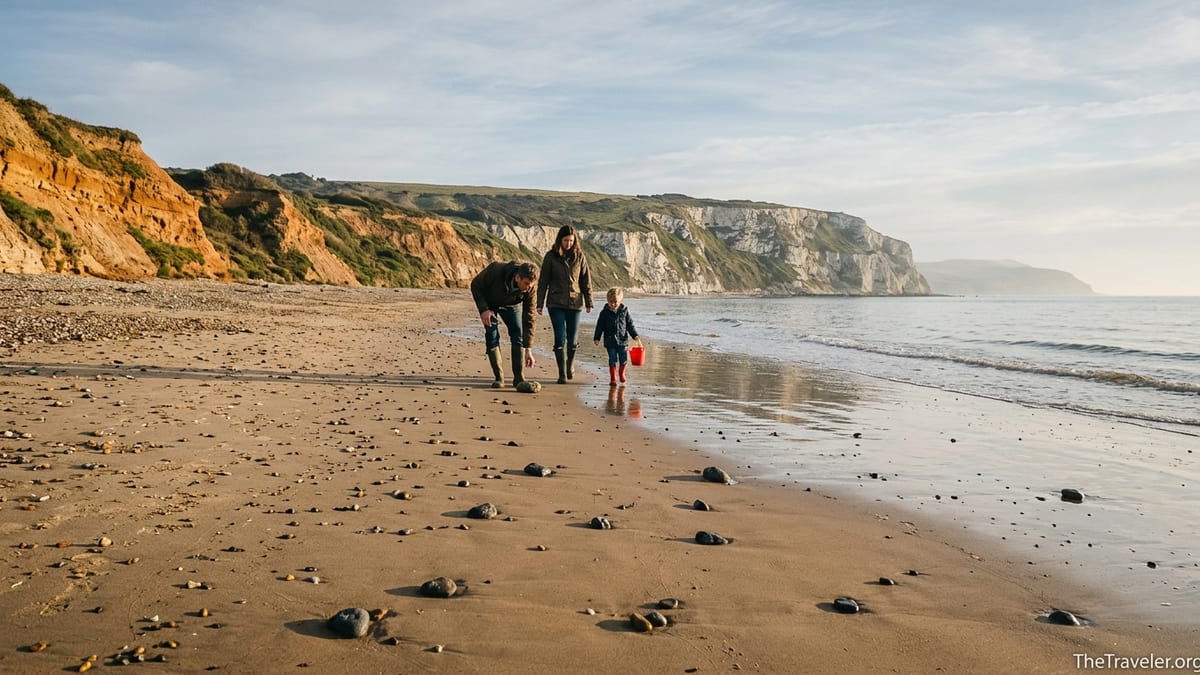 Early morning fossil hunters walking along Yaverland Beach below Culver Cliff on the Isle of Wight.