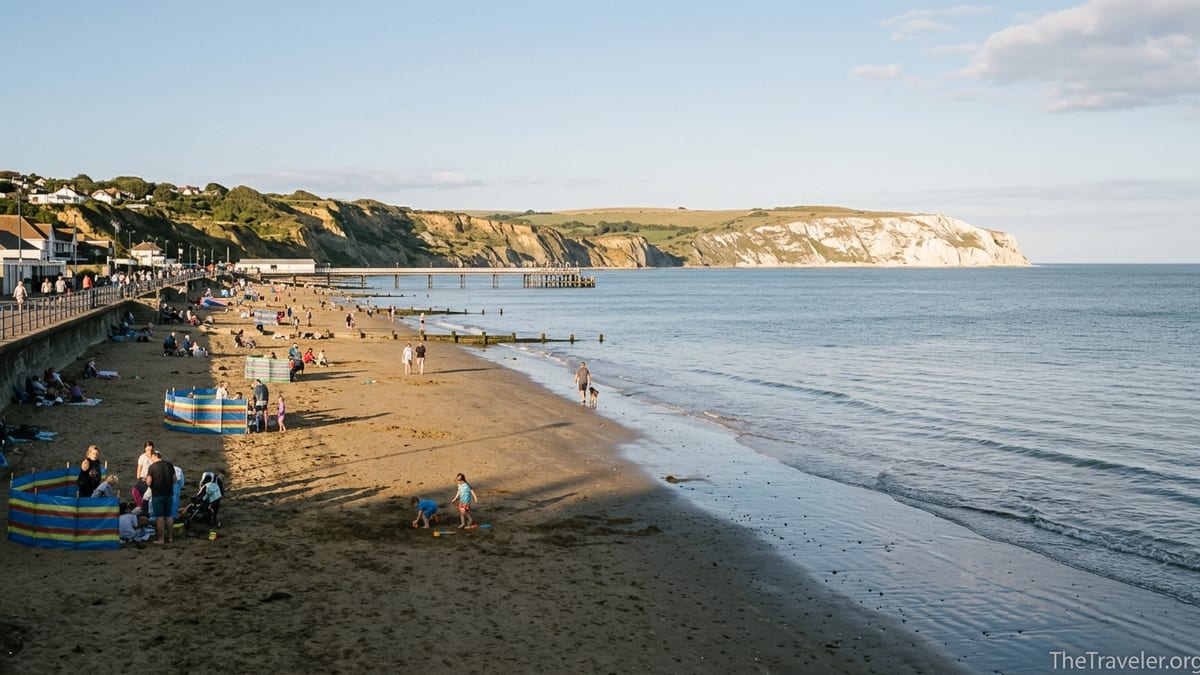 Wide view of Sandown Bay showing busy Sandown Beach and quieter Yaverland curving towards Culver Down cliffs.