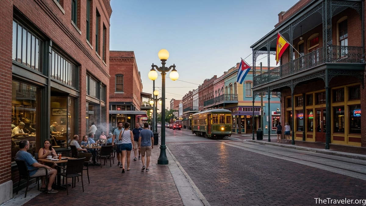 Early evening street scene on 7th Avenue in Ybor City Tampa with brick buildings, streetcar, and people at cigar lounges.