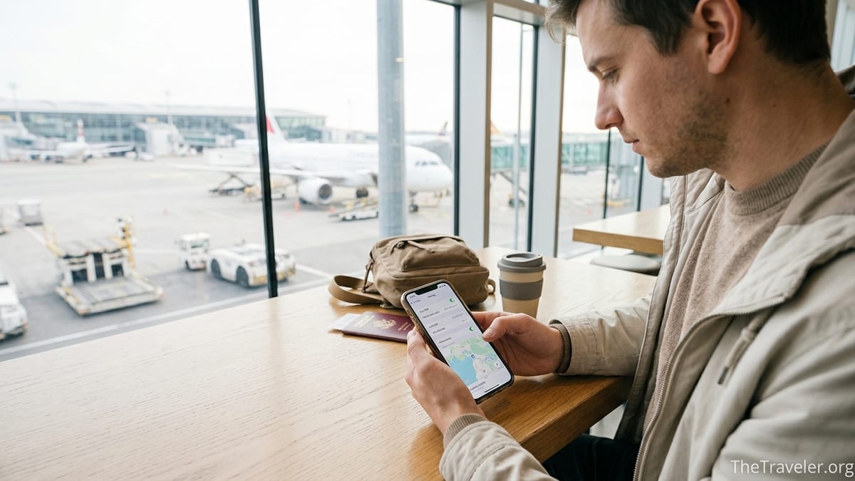 Traveler in an airport café setting up a Yesim eSIM on a smartphone before a flight.