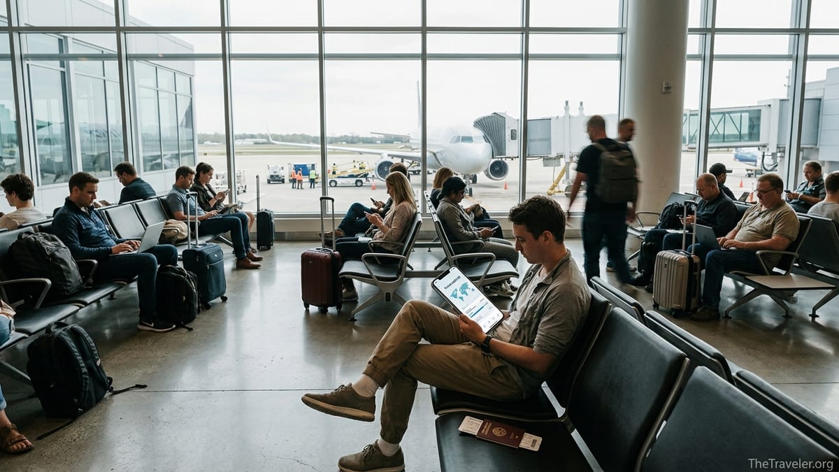 Traveler in an airport lounge setting up a mobile eSIM app on their smartphone before a flight.