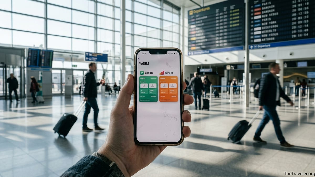 Traveler in an airport comparing Yesim and Airalo eSIM apps on a smartphone.