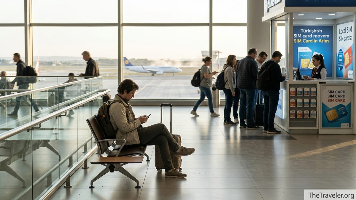Traveler in an airport using a phone eSIM app while a nearby kiosk sells local SIM cards.