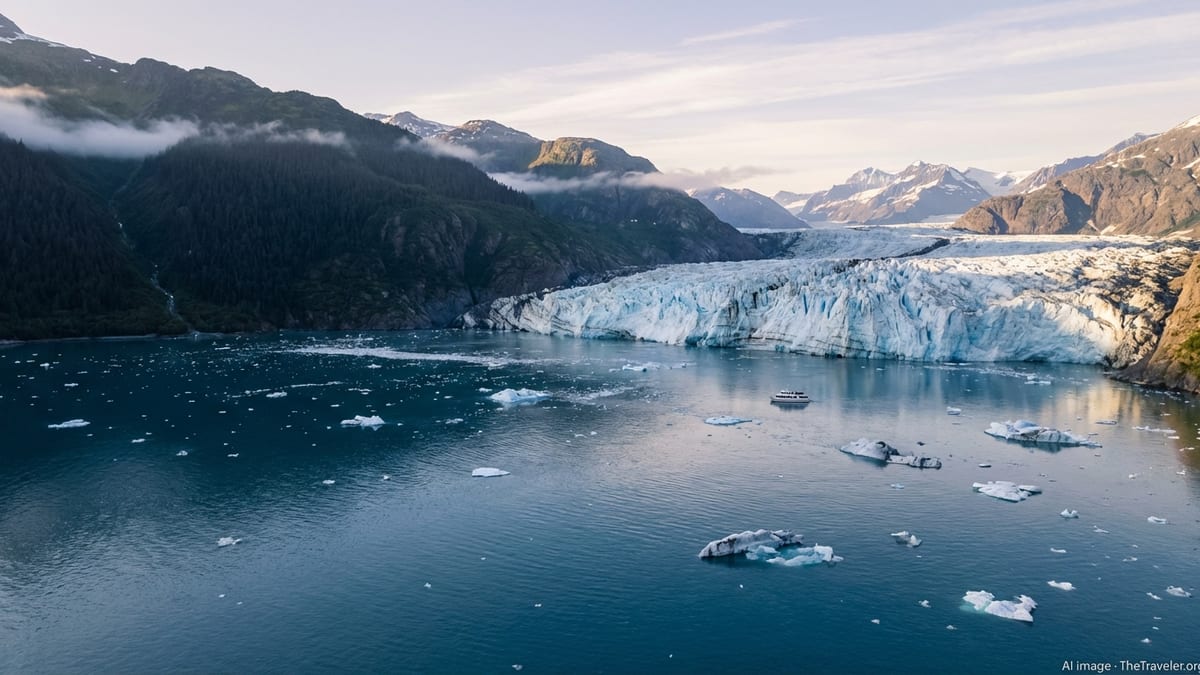 A small tour boat passes below a towering tidewater glacier in an Alaskan fjord.