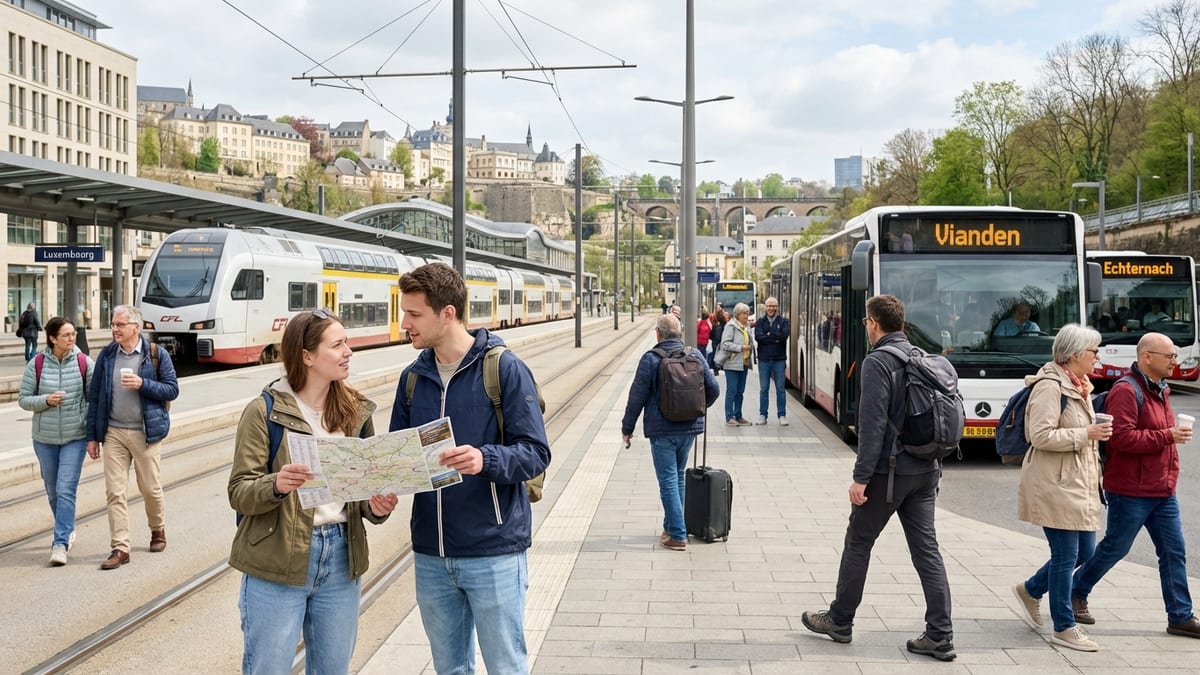 Young couple checking a map at a Luxembourg City tram and bus interchange.