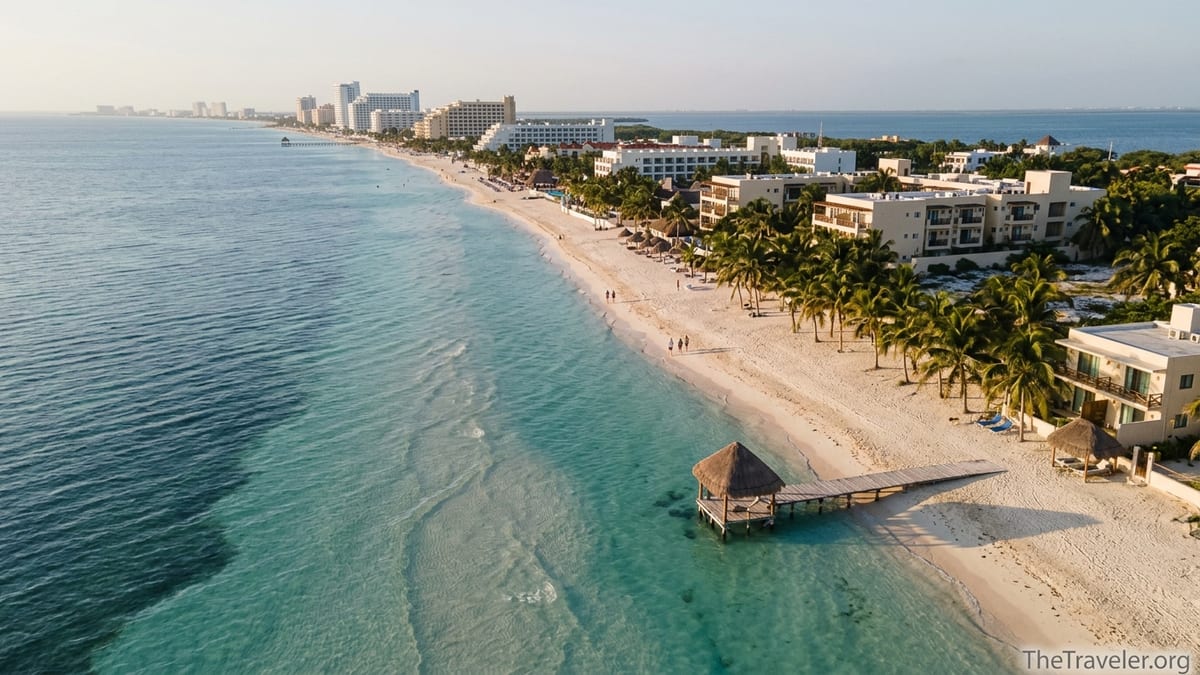 Aerial view of Yucatán coastline with turquoise sea, palm-lined beach and low-rise hotels at sunset.