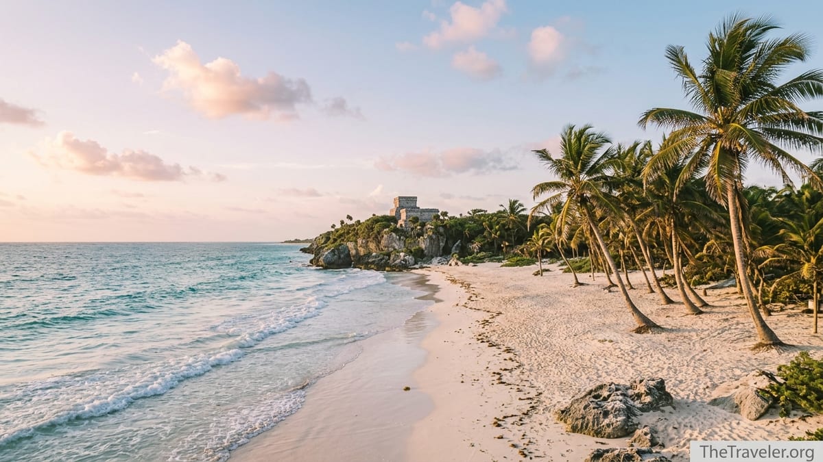 Sunrise over the white sand beach and palm-lined coastline below the ruins at Tulum, Yucatán Peninsula.