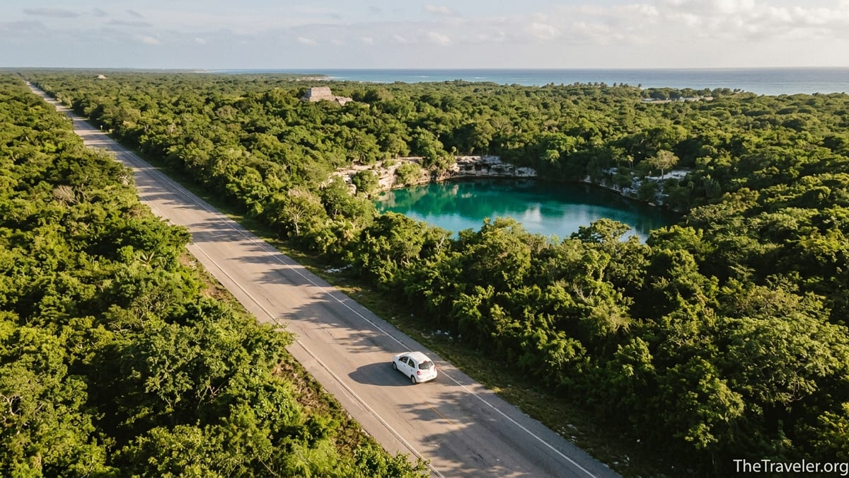 A jungle highway in Mexico’s Yucatán leading past a turquoise cenote toward the distant Caribbean Sea.