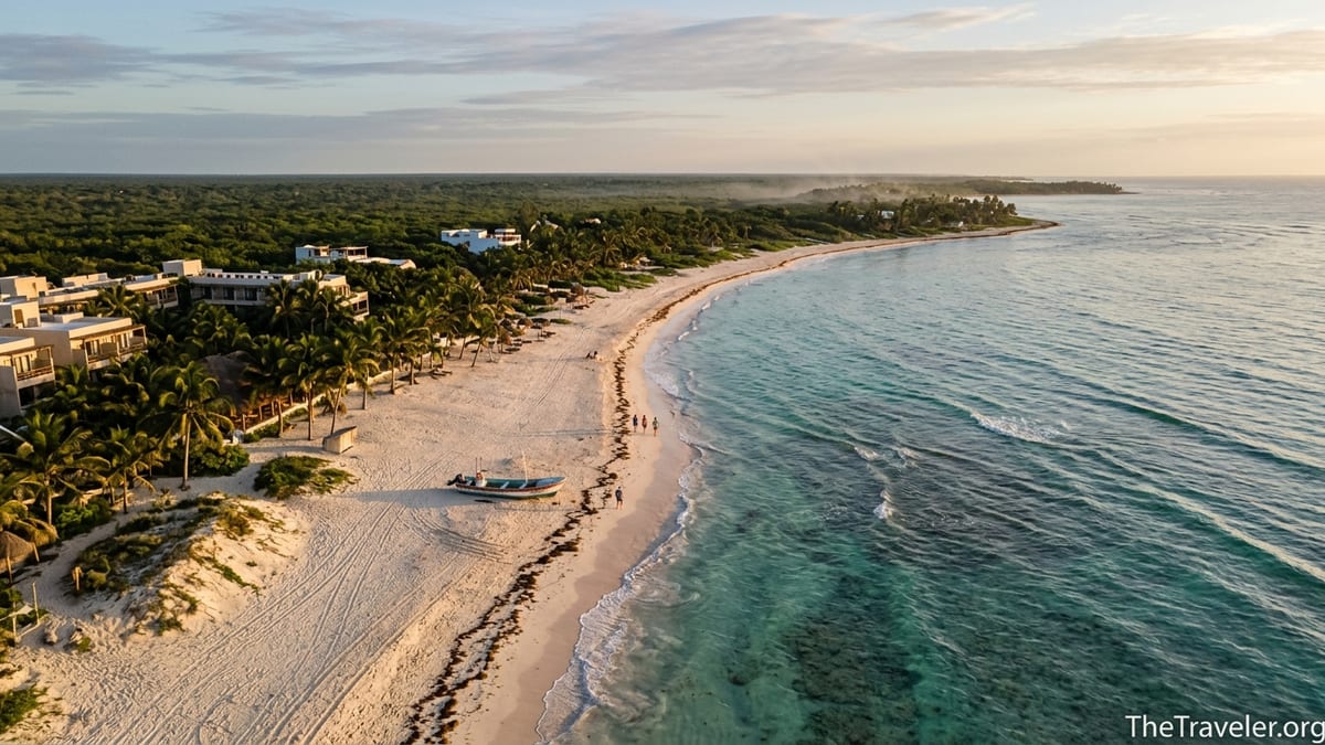 Aerial view of Yucatán Peninsula beach with turquoise water, white sand and jungle backdrop at golden hour.