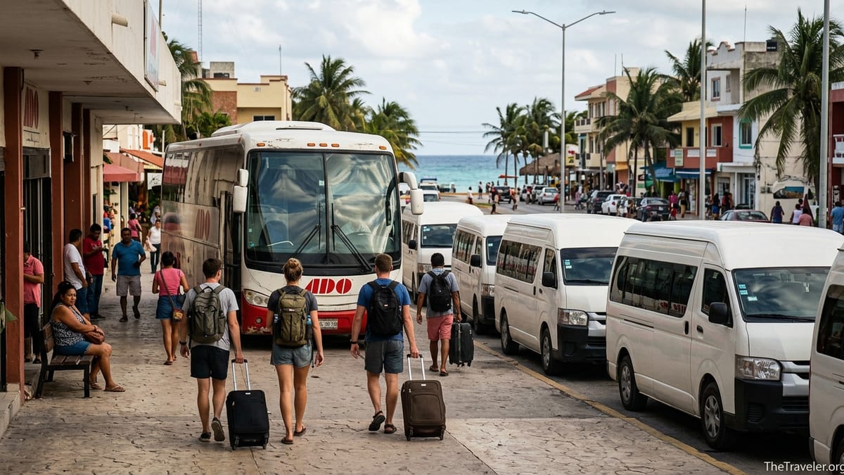 Travelers boarding an ADO bus and nearby colectivos in Playa del Carmen, Mexico