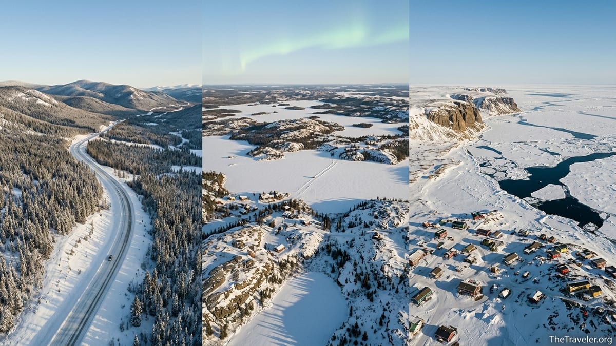 Aerial view contrasting Yukon mountains, NWT lakes and Nunavut sea ice under a faint aurora.