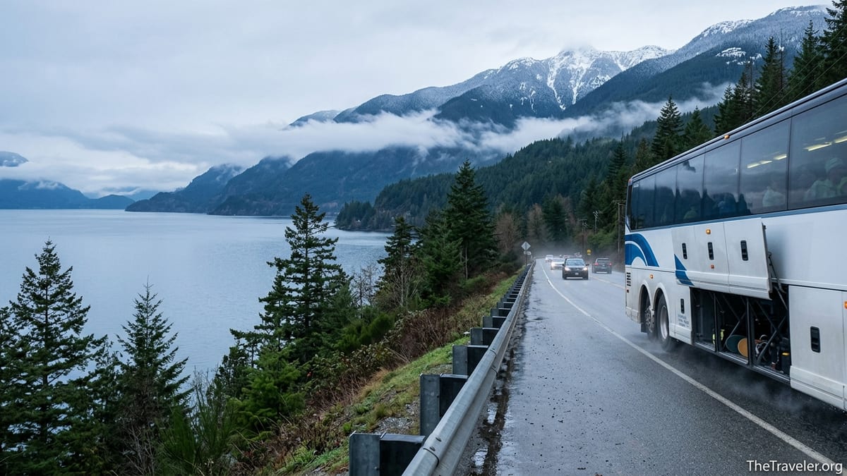 Coach bus driving the Sea to Sky Highway between Vancouver Airport and Whistler on a winter day.