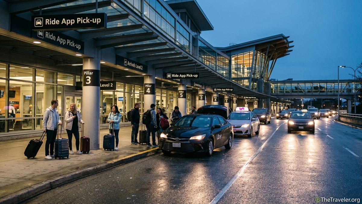 Arrivals curb at Vancouver International Airport with travelers waiting at the rideshare pickup area at dusk.