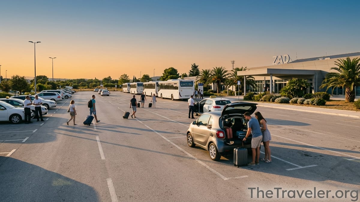 Travelers outside Zadar Airport choosing between shuttle buses, taxis and rental cars at sunset.