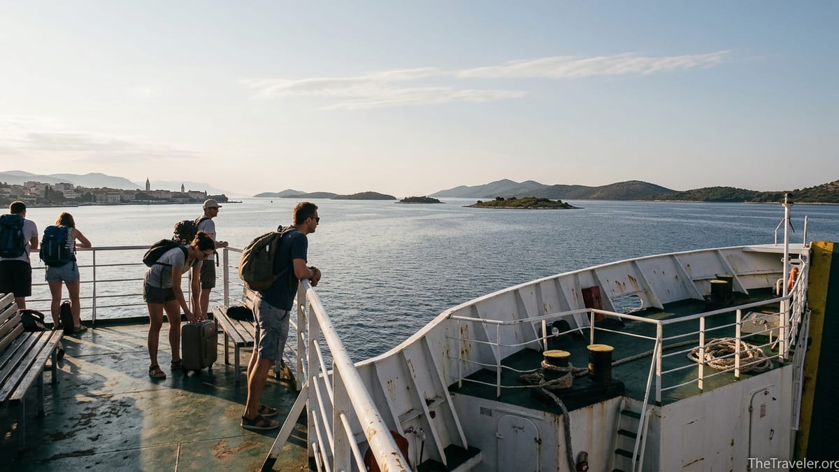 Passengers on a ferry from Zadar looking toward Dugi Otok across a calm Adriatic Sea.