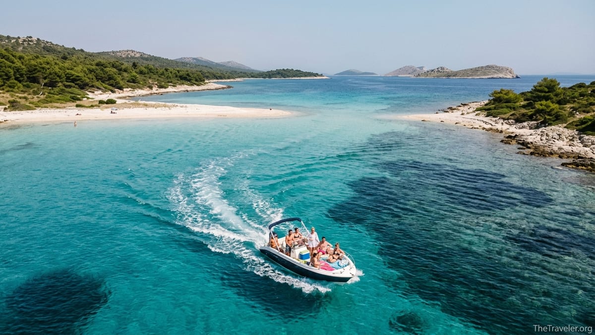 A small boat cruises toward a turquoise bay and sandy shore in the Zadar archipelago.
