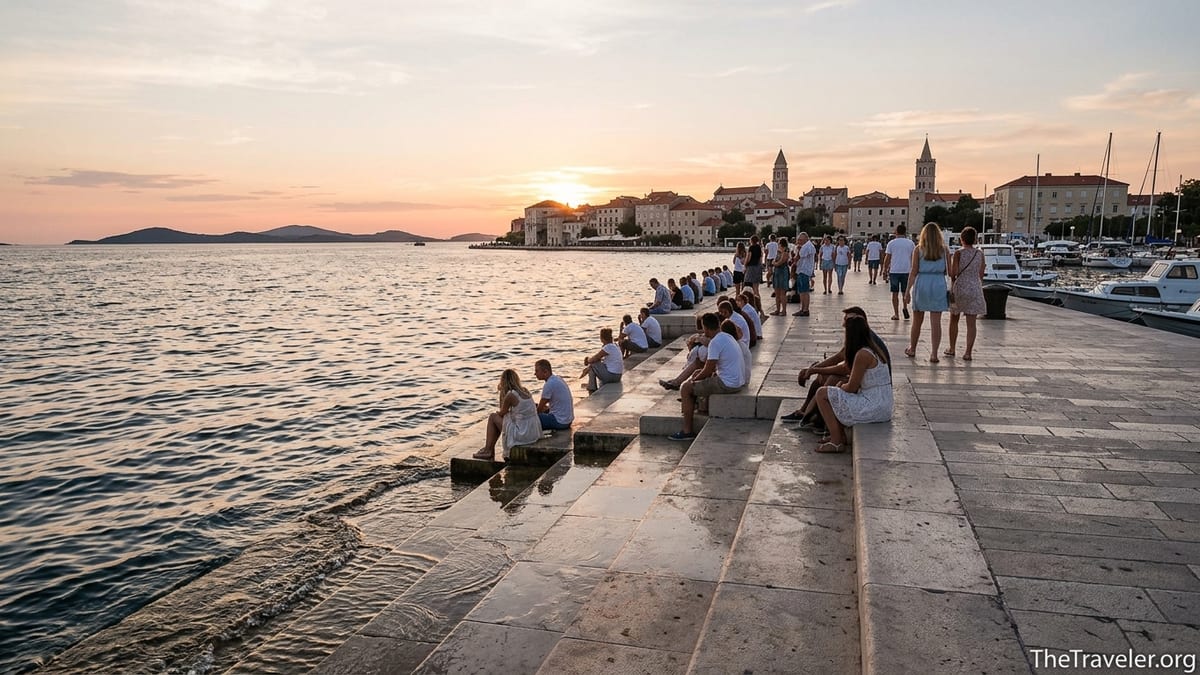 People sitting by the Sea Organ in Zadar at sunset with Old Town and islands beyond.