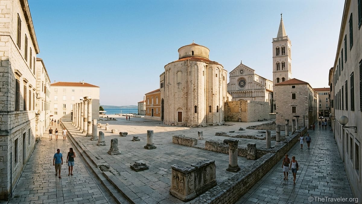Roman Forum in Zadar Old Town with St. Donatus and cathedral under late afternoon sun.
