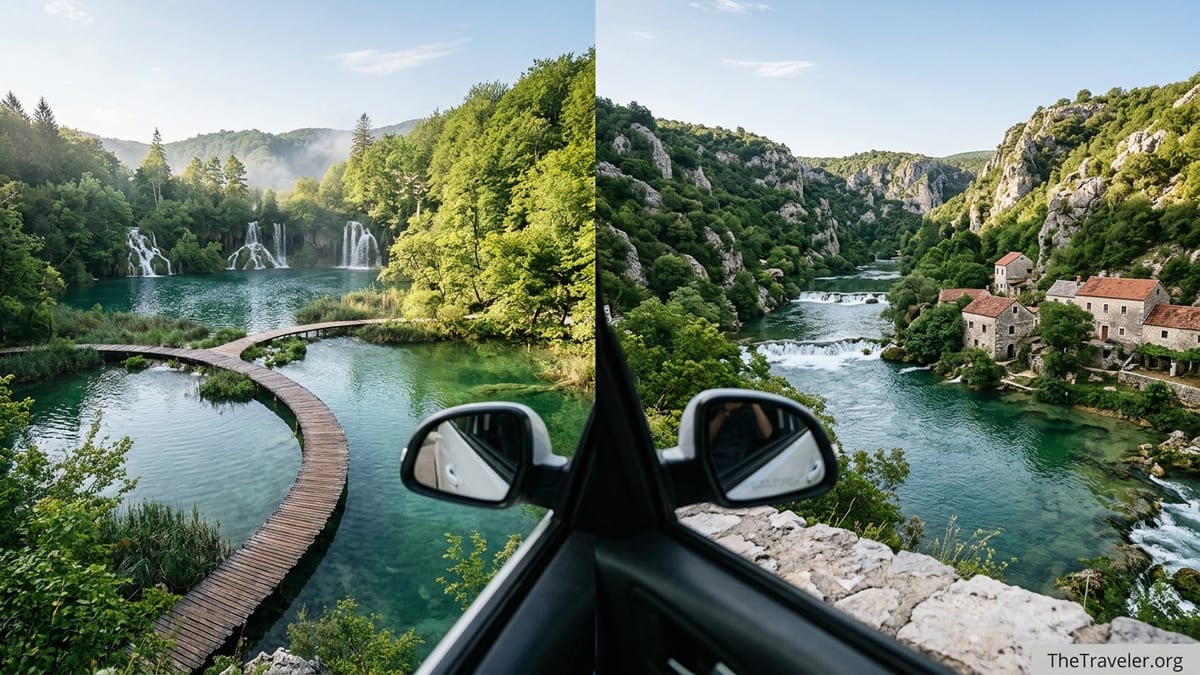 Wooden boardwalk over turquoise lakes and waterfalls in Croatia on a clear summer morning.