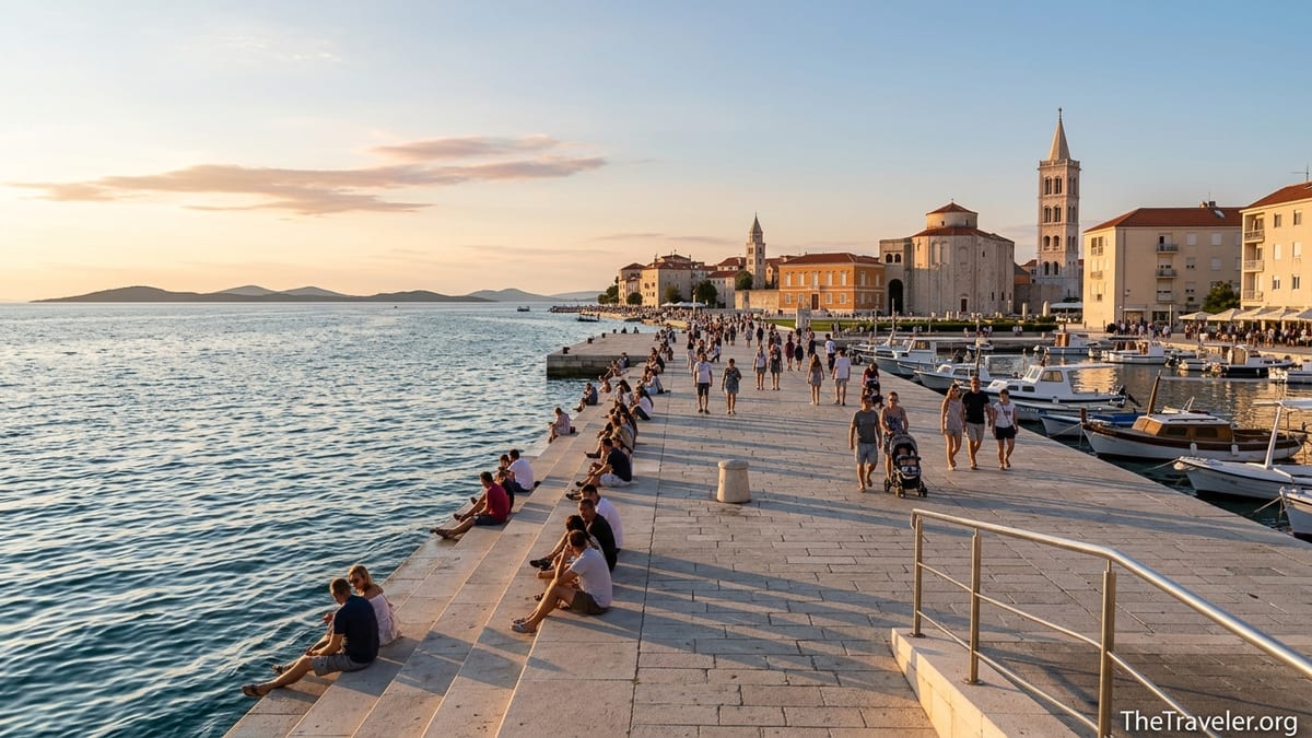 Zadar Old Town waterfront at sunset with people on the promenade and historic skyline.