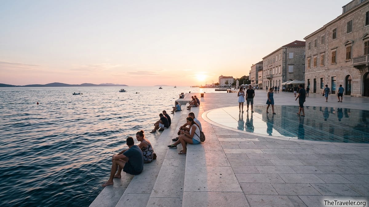 Sunset crowd at Zadar Sea Organ and Greeting to the Sun on the Adriatic waterfront.