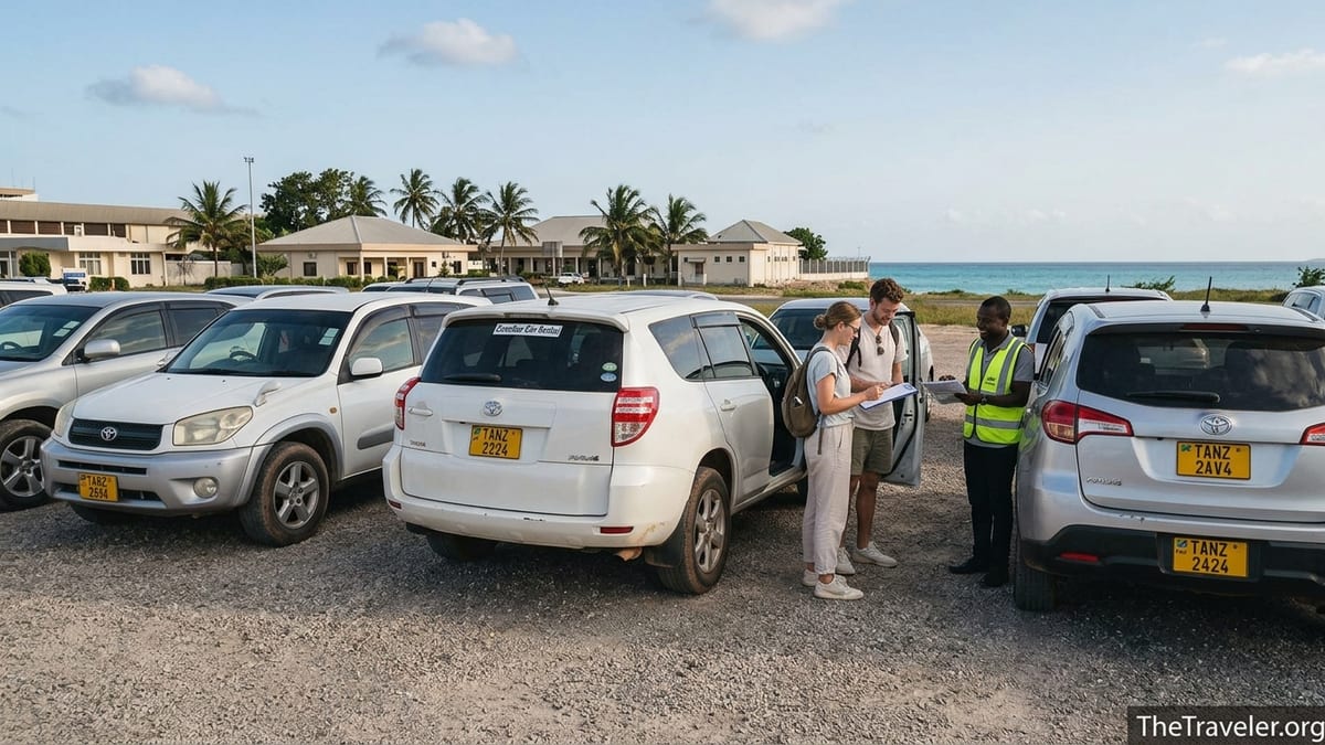 Travelers collecting a rental SUV outside Zanzibar Airport car park in late afternoon light.