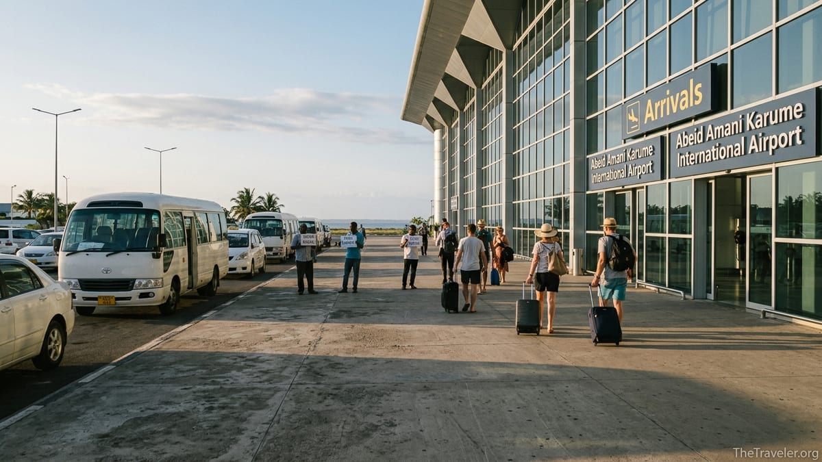 Arrivals area at Zanzibar’s Abeid Amani Karume International Airport with taxis and travelers outside terminal.