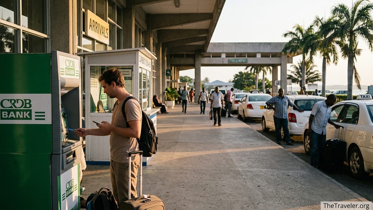 Arriving traveler using an ATM near taxis outside Zanzibar Airport arrivals hall.