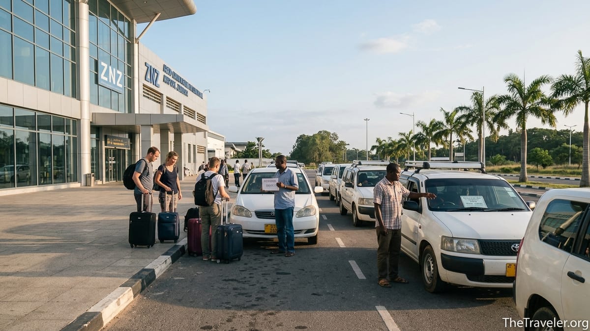 Travelers negotiating with taxi drivers outside Zanzibar Airport in warm afternoon light.
