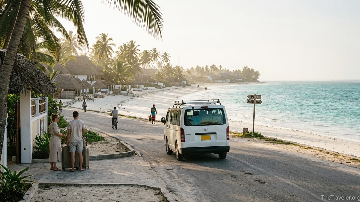 Taxi minivan driving from Zanzibar Airport toward Jambiani along a coastal road with beach hotels and palm trees.