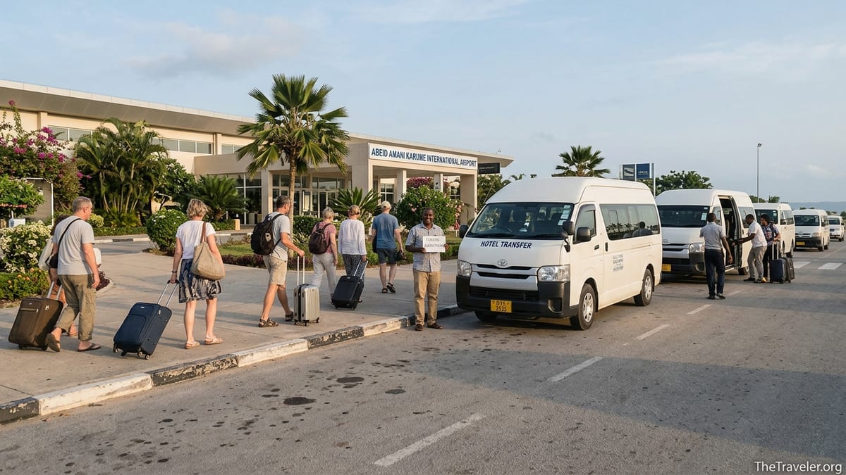 Travelers outside Zanzibar Airport boarding taxis and minibuses for transfers to Kendwa beach resorts.