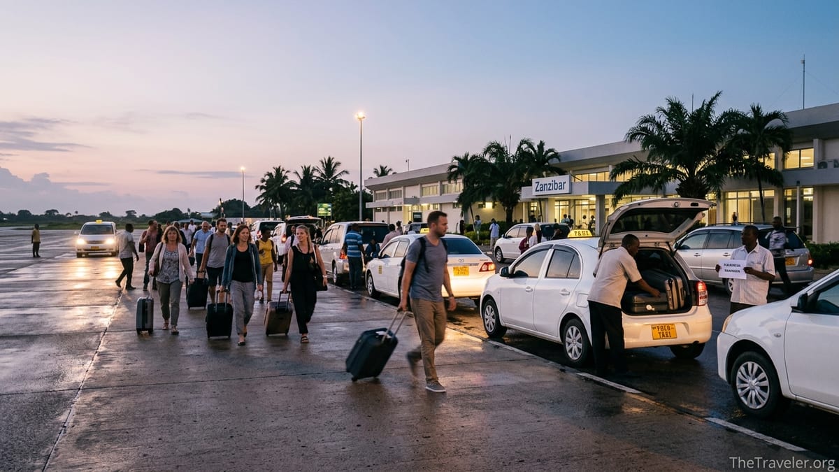 Travelers with luggage boarding taxis outside Zanzibar Airport at dusk.