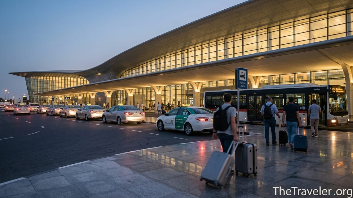 Arrivals area at Abu Dhabi’s Zayed International Airport with taxis, bus and travelers at dusk.